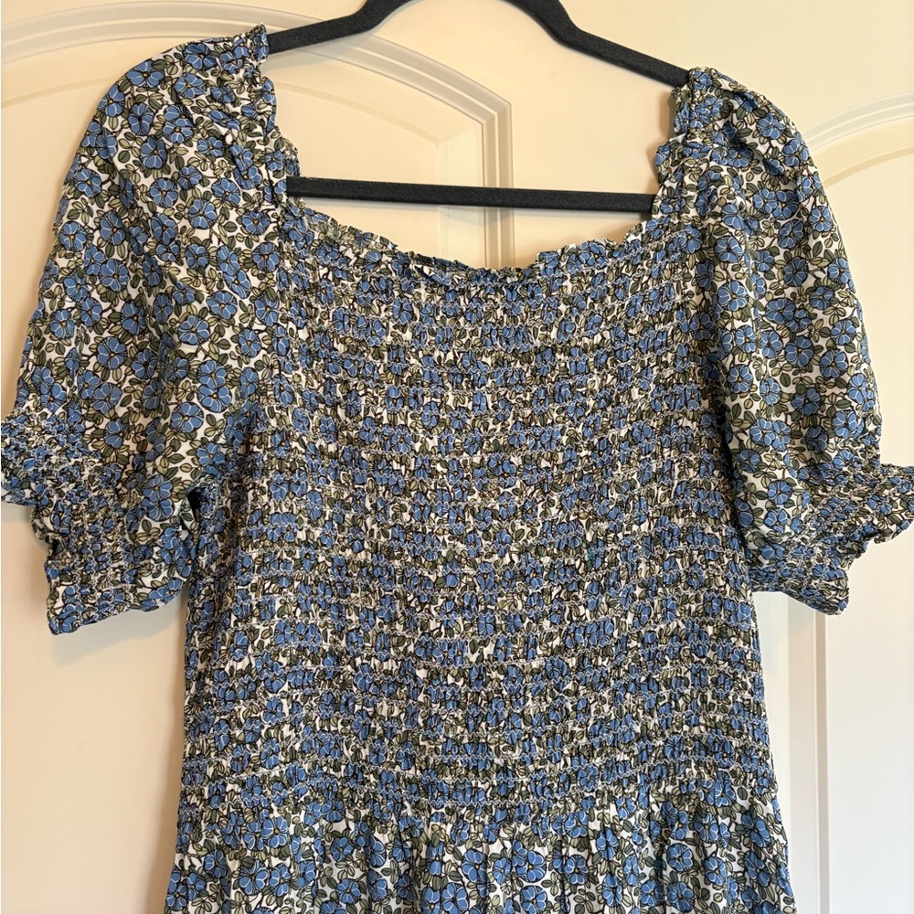 Floral Smocked Prairie Cottage Dress with Blue Green and White